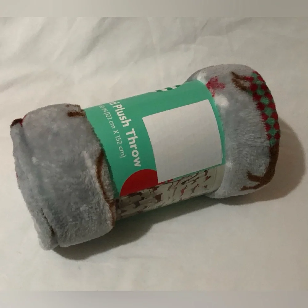 Soft Plush Throw Blanket Light Gray with Multicolor holiday dog theme.48”X60”